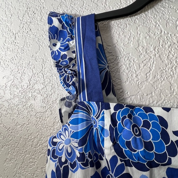 Tahari ASL Floral Ruffle Strap Blue White Casual Retro Open back Mini Midi Dress - Picture 9 of 11